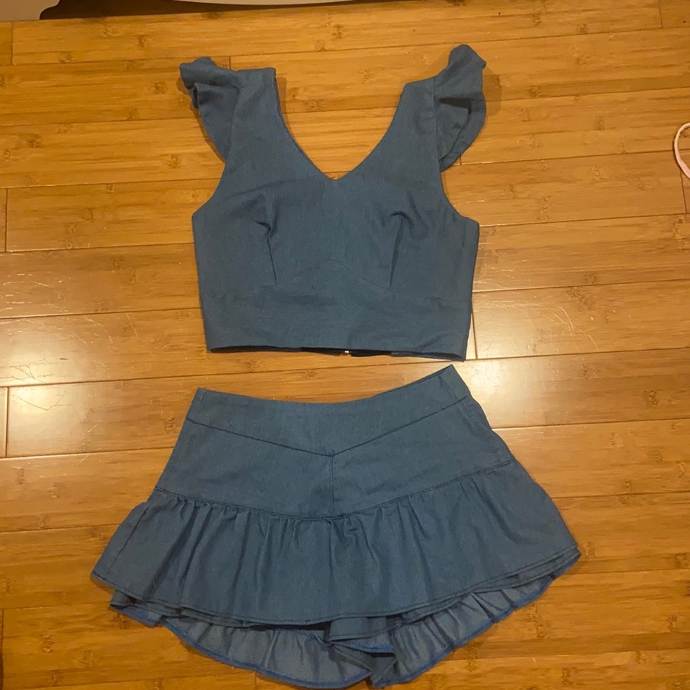 denim skirt and top set